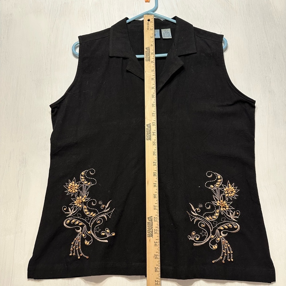 Jane Ashley Black Top Large Sleeveless Button Front Floral Embroidery Cotton - Picture 6 of 8
